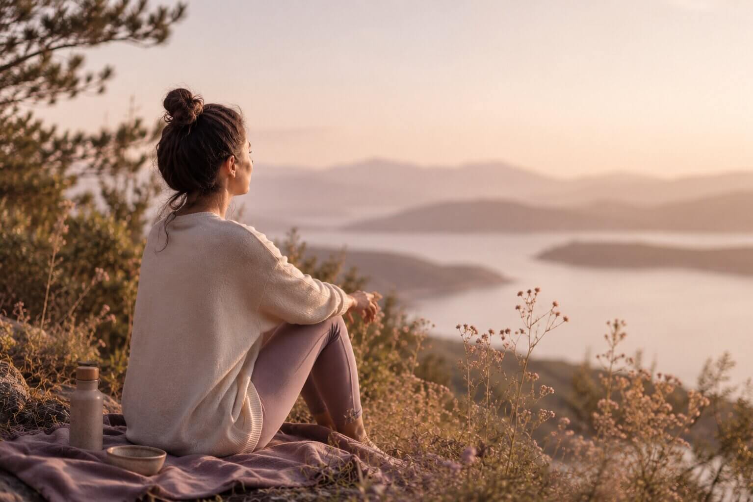 Woman sitting peacefully in nature overlooking a tranquil lake, reflecting and cultivating mindfulness, emotional balance, and mental wellbeing.