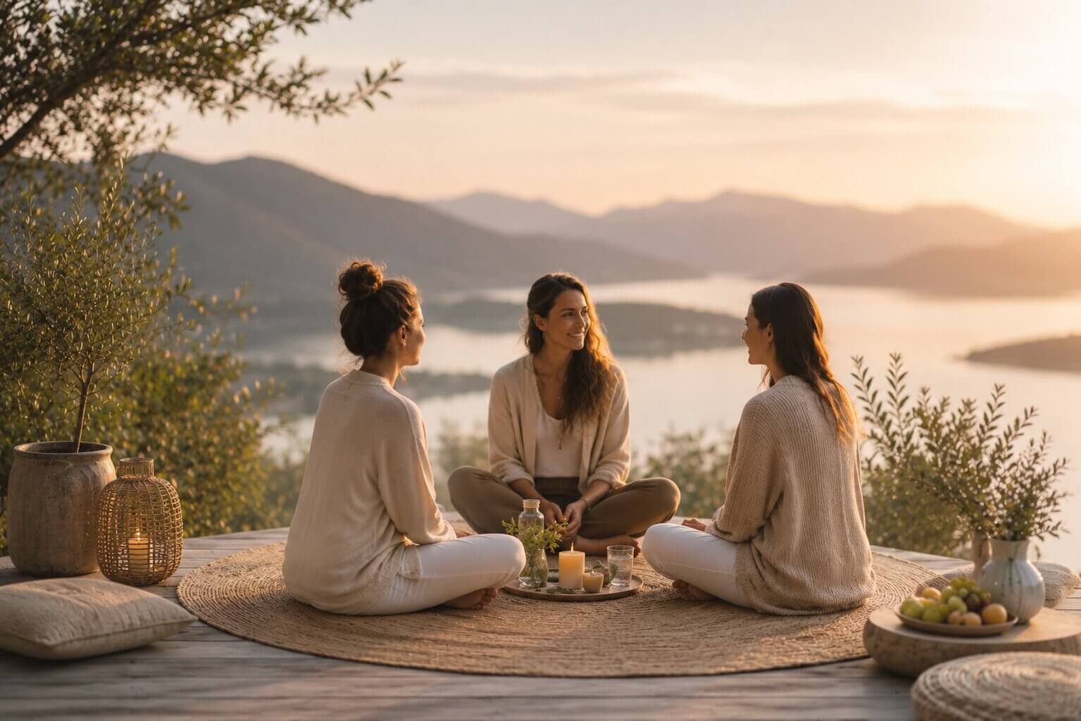 Three women gathered outdoors in nature during a Trinity Balance wellbeing session, sharing a calm moment of mindful connection, reflection, and holistic wellbeing practices.