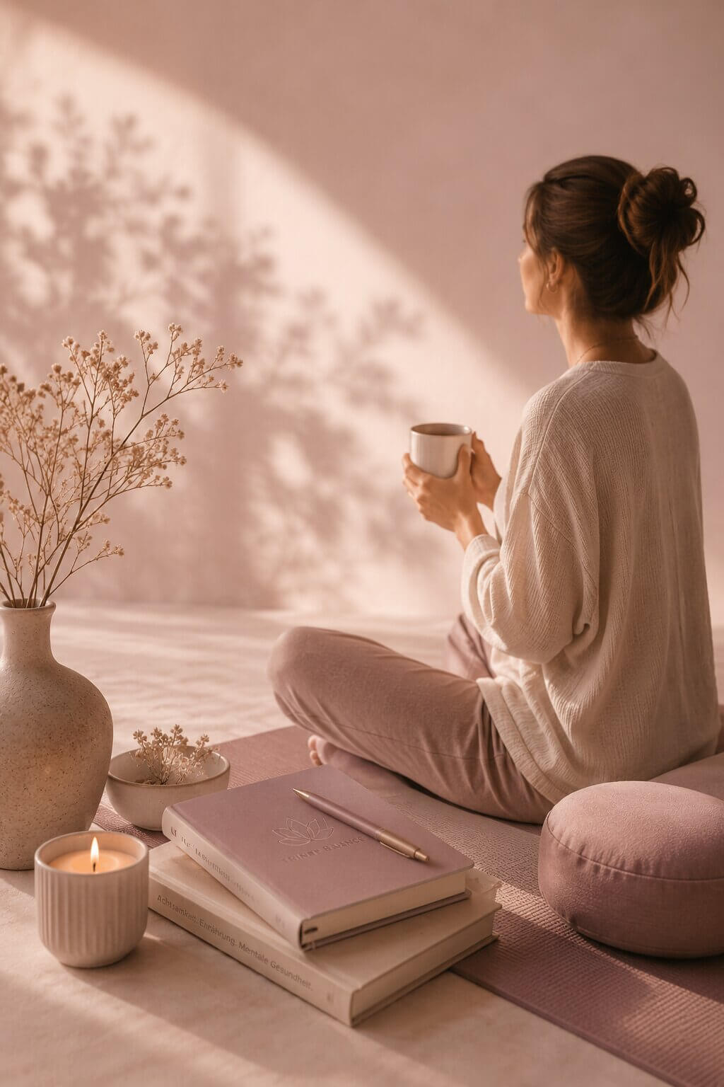 Woman enjoying a quiet mindful moment with tea in a calm wellness space, representing mindfulness, mental wellbeing, healthy habits, and sustainable lifestyle transformation.