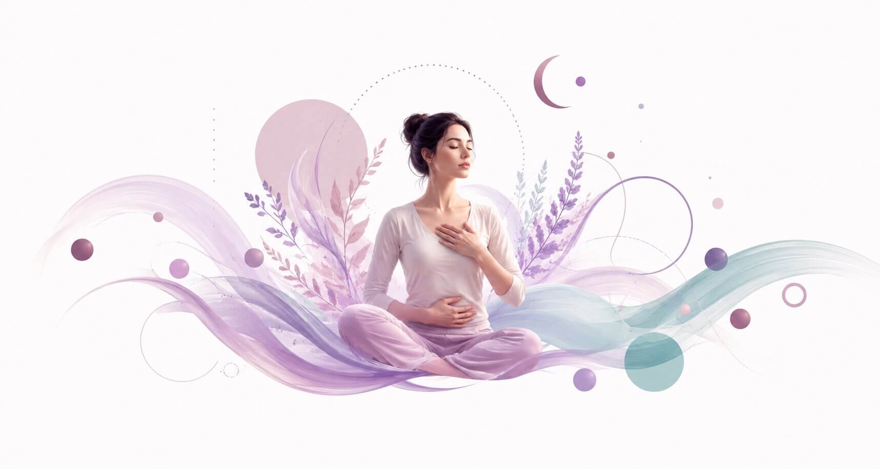 Elegant wellness illustration of a woman practicing mindful breathing and meditation, surrounded by flowing abstract botanical forms in Trinity Balance’s signature mauve, lavender and muted teal palette.