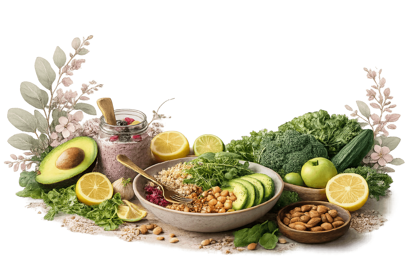 Arrangement of fresh whole foods including leafy greens, avocado, citrus fruits, grains, legumes and nuts, symbolising holistic nutrition, vitality and sustainable wellbeing.
