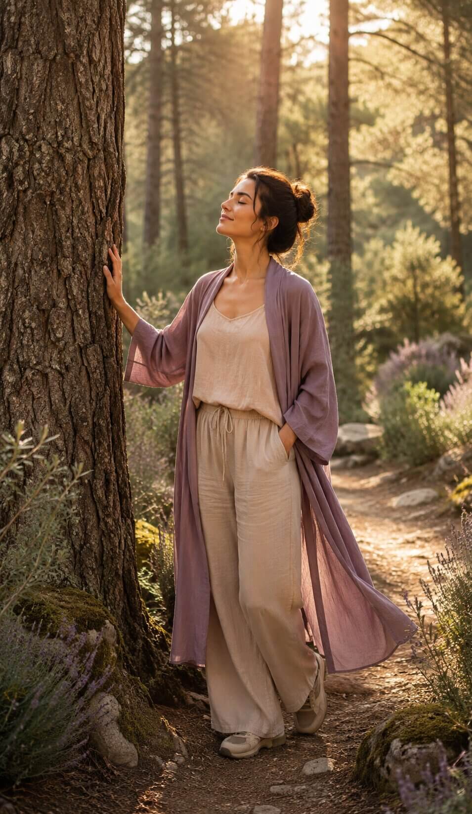 Young woman taking a mindful pause in a sunlit forest, gently touching a tree while practising deep breathing to restore inner balance, resilience and emotional wellbeing.