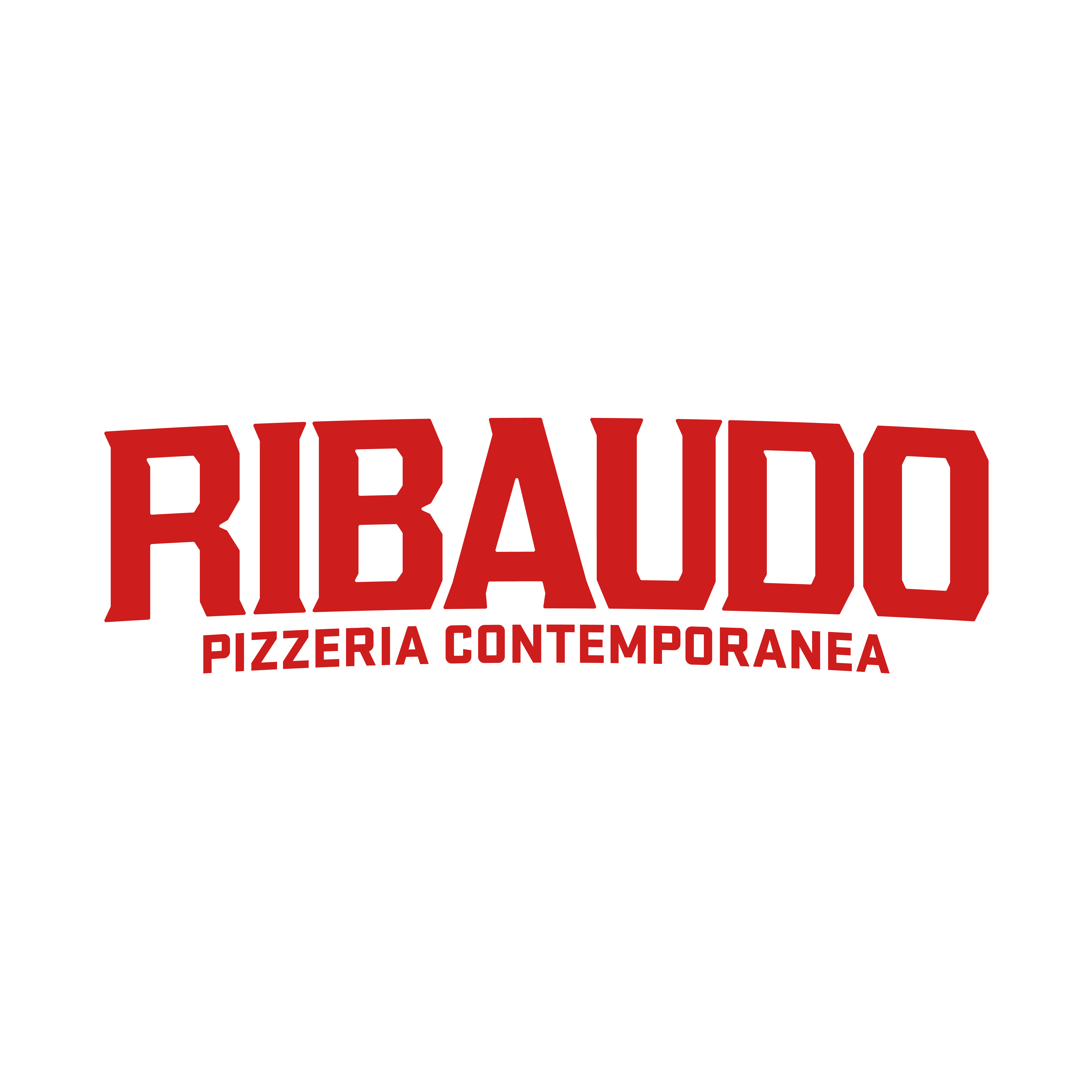 Logo con la scritta rossa 'Ribaudo Pizzeria Contemporanea' su sfondo nero.