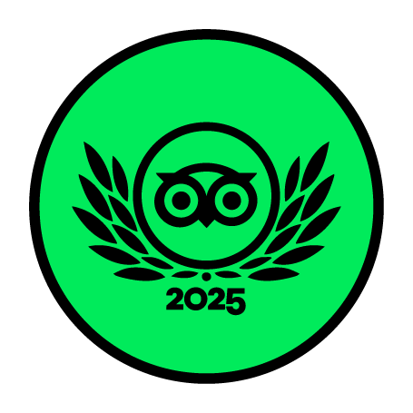 Simbolo TripAdvisor Travel Choice 2025 con gufo stilizzato e rami di alloro su sfondo verde.