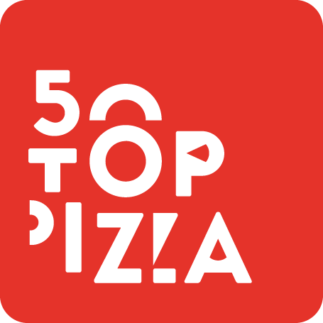 Logo di 50 Top Pizza con sfondo rosso e testo bianco stilizzato.