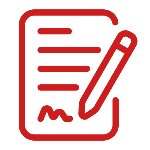 Icona rossa di un documento con righe di testo e una penna che firma in basso.
