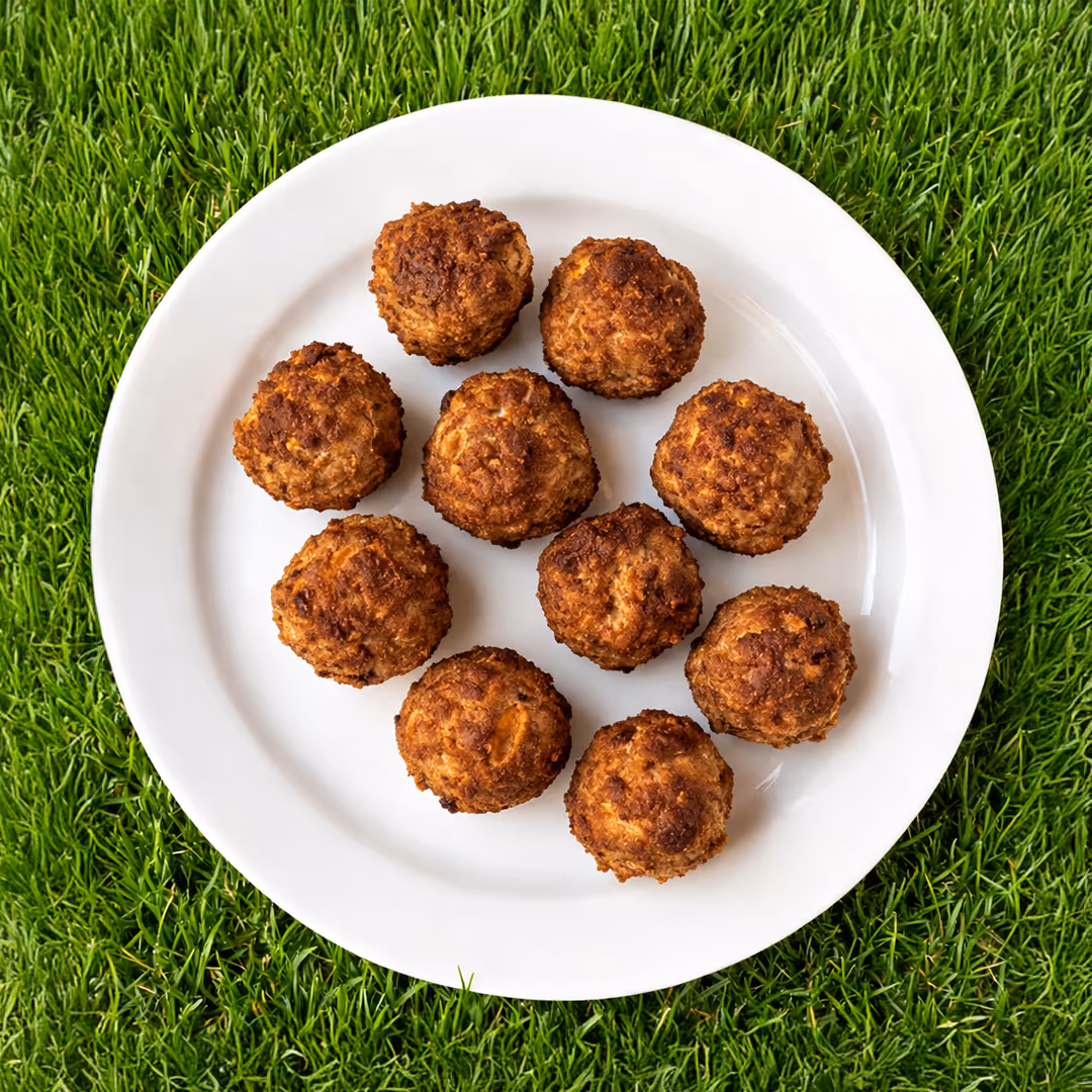 Piatto bianco con dieci polpette di carne fritte su uno sfondo di erba verde.