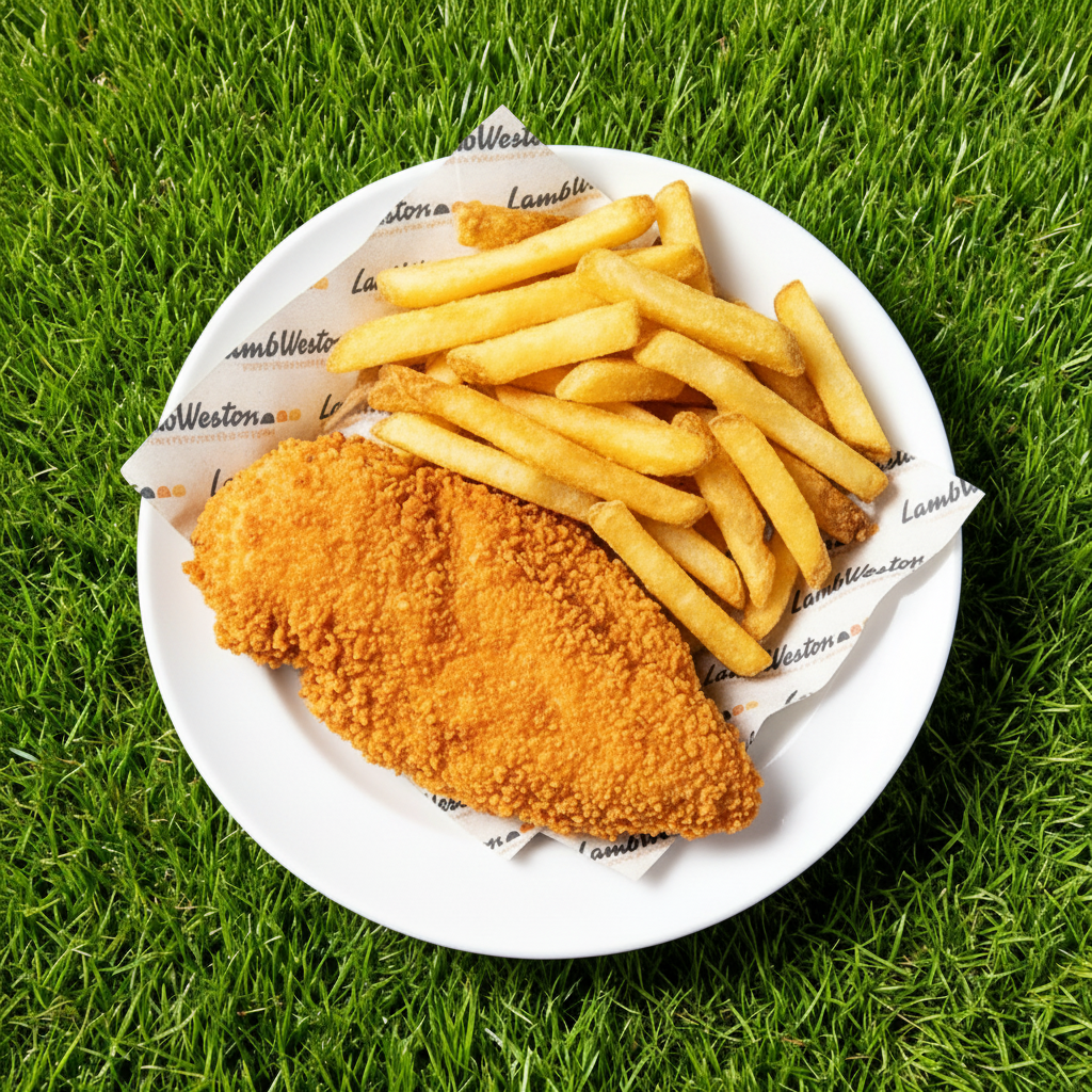 Cotoletta impanata e patatine fritte su un piatto bianco posato sull'erba verde.
