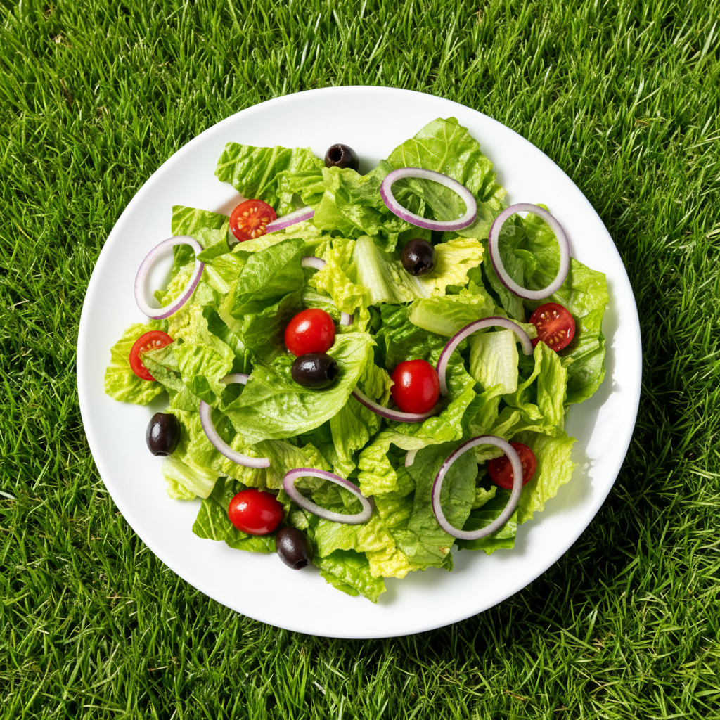 Insalata fresca con lattuga, pomodorini, olive nere e anelli di cipolla rossa su un piatto bianco.