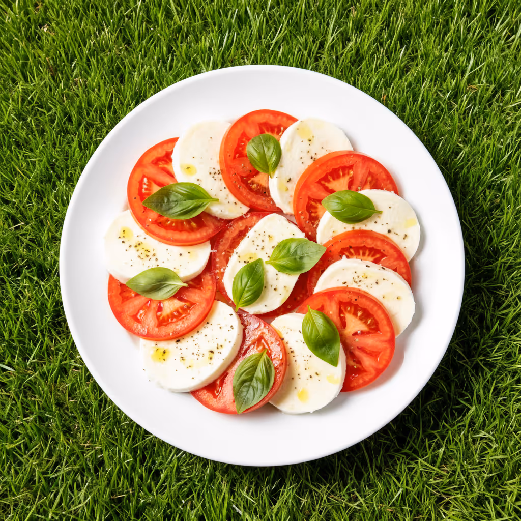 Insalata Caprese con fette alternate di pomodoro e mozzarella guarnite con foglie di basilico su un piatto bianco sopra erba verde.
