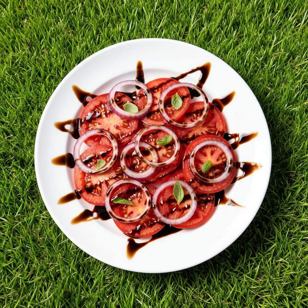 Piatto bianco con fette di pomodoro e anelli di cipolla rossa, guarnito con foglie di basilico e glassa di aceto balsamico su prato verde.