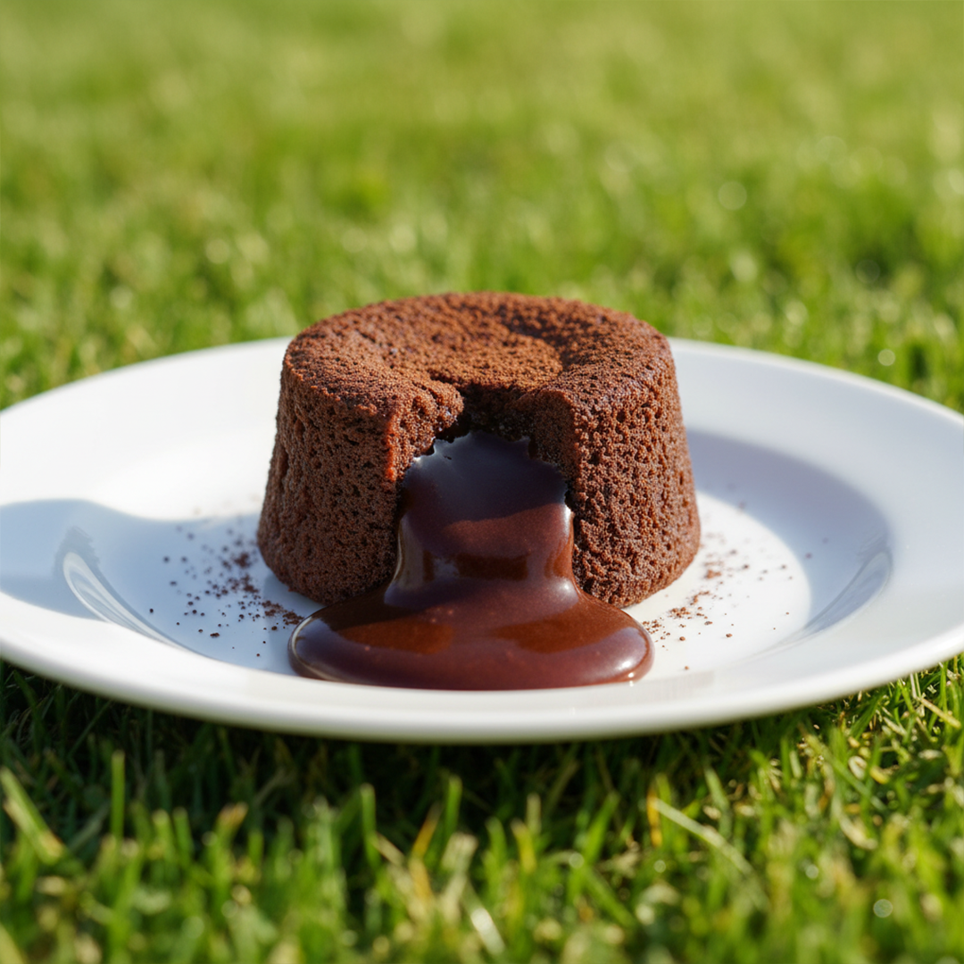 Tortino al cioccolato con cuore morbido di cioccolato fuso su un piatto bianco, poggiato sull'erba verde.