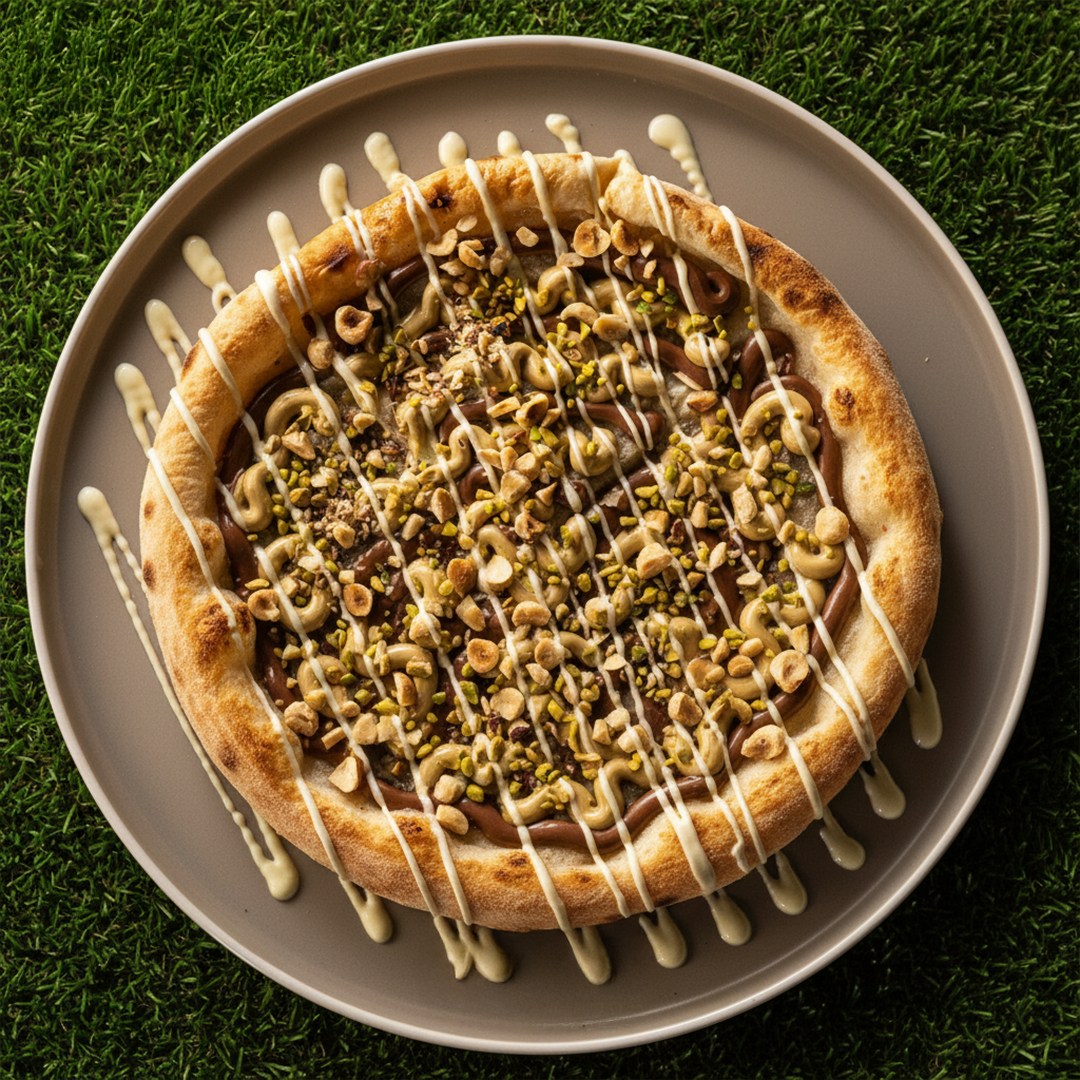 Pizza dolce con crema di cioccolato, granella di nocciole, pistacchi e glassa bianca su un piatto marrone.