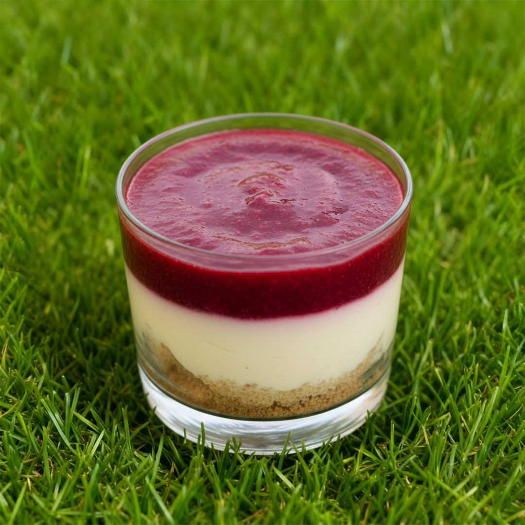 Un bicchiere trasparente con cheesecake a strati: base di biscotto, crema e topping di frutti di bosco rossi, posato sull'erba verde.