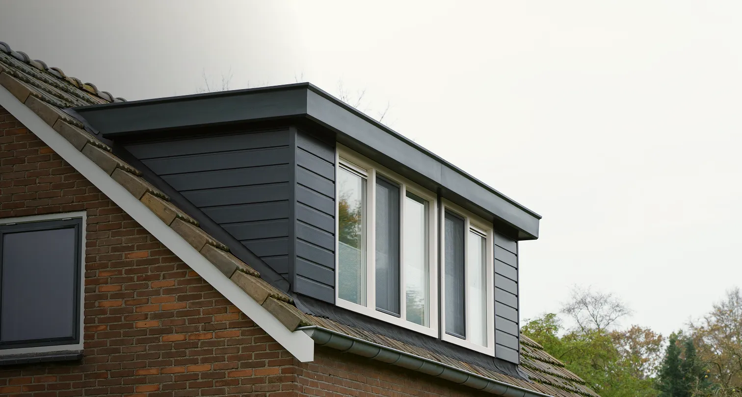 Een donkergrijze dakkapel opgeleverd door Bremer Dakkapellen