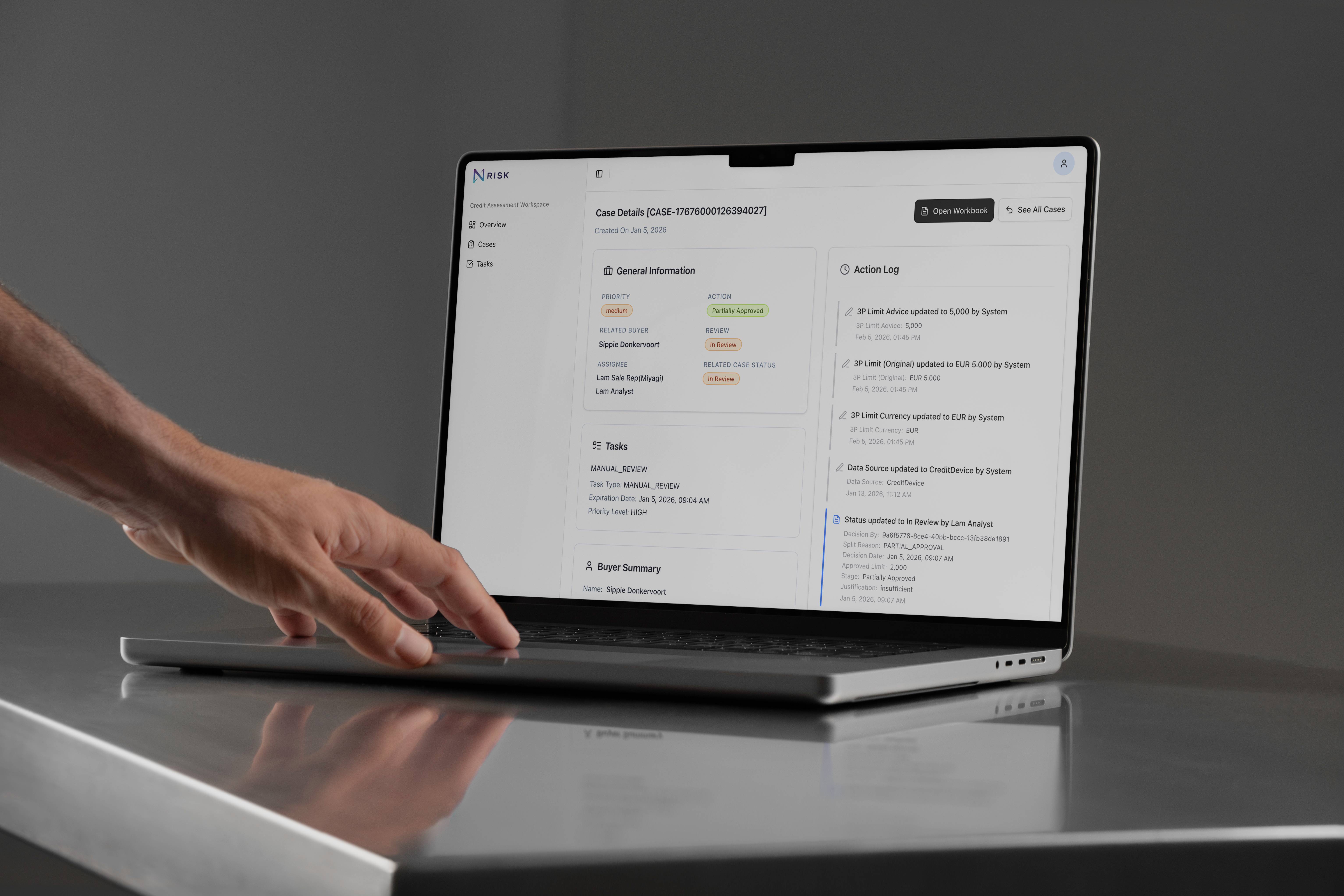 Nrisk platform mockup showing credit application workflow