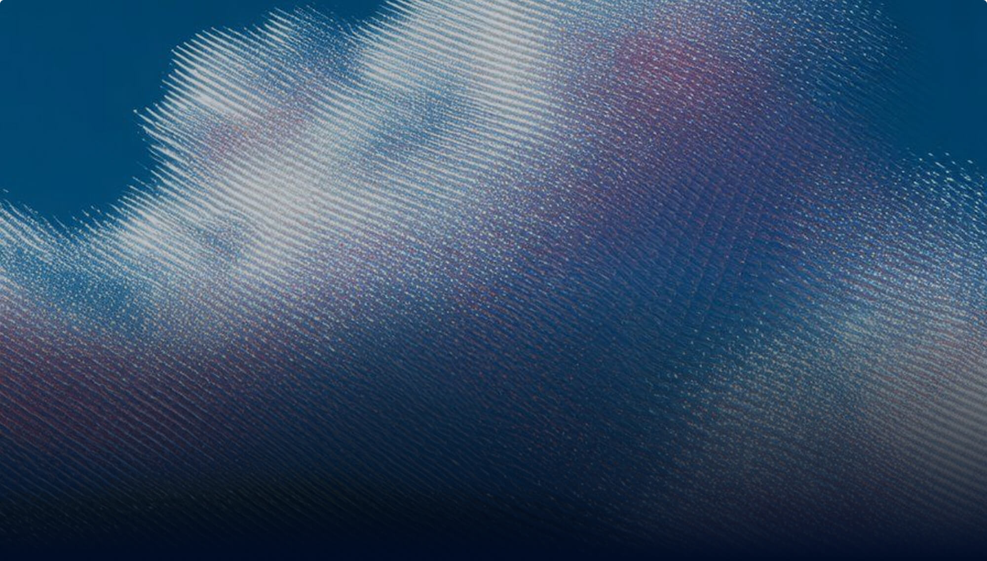 An abstract, stylized image of a sky with heavy digital grain and diagonal line textures. The colors transition from deep navy blue to soft whites and pinks, resembling a low-fidelity or artistic cloud formation.