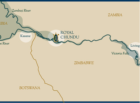 Map showing Royal Chundu location on the Zambezi River