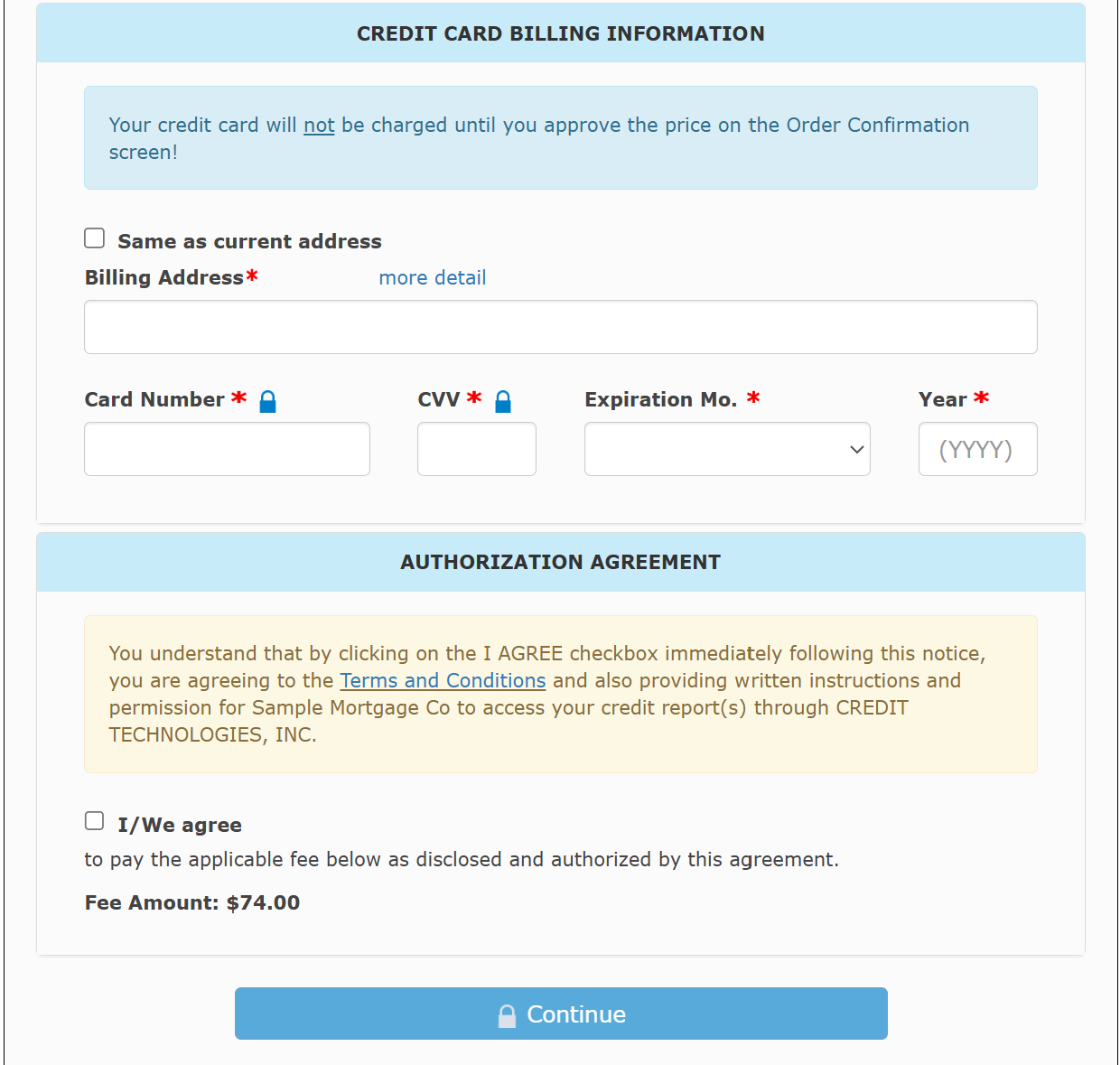 SmartPay billing and authorization screen showing the exact fee before the card is charged, with sample branding