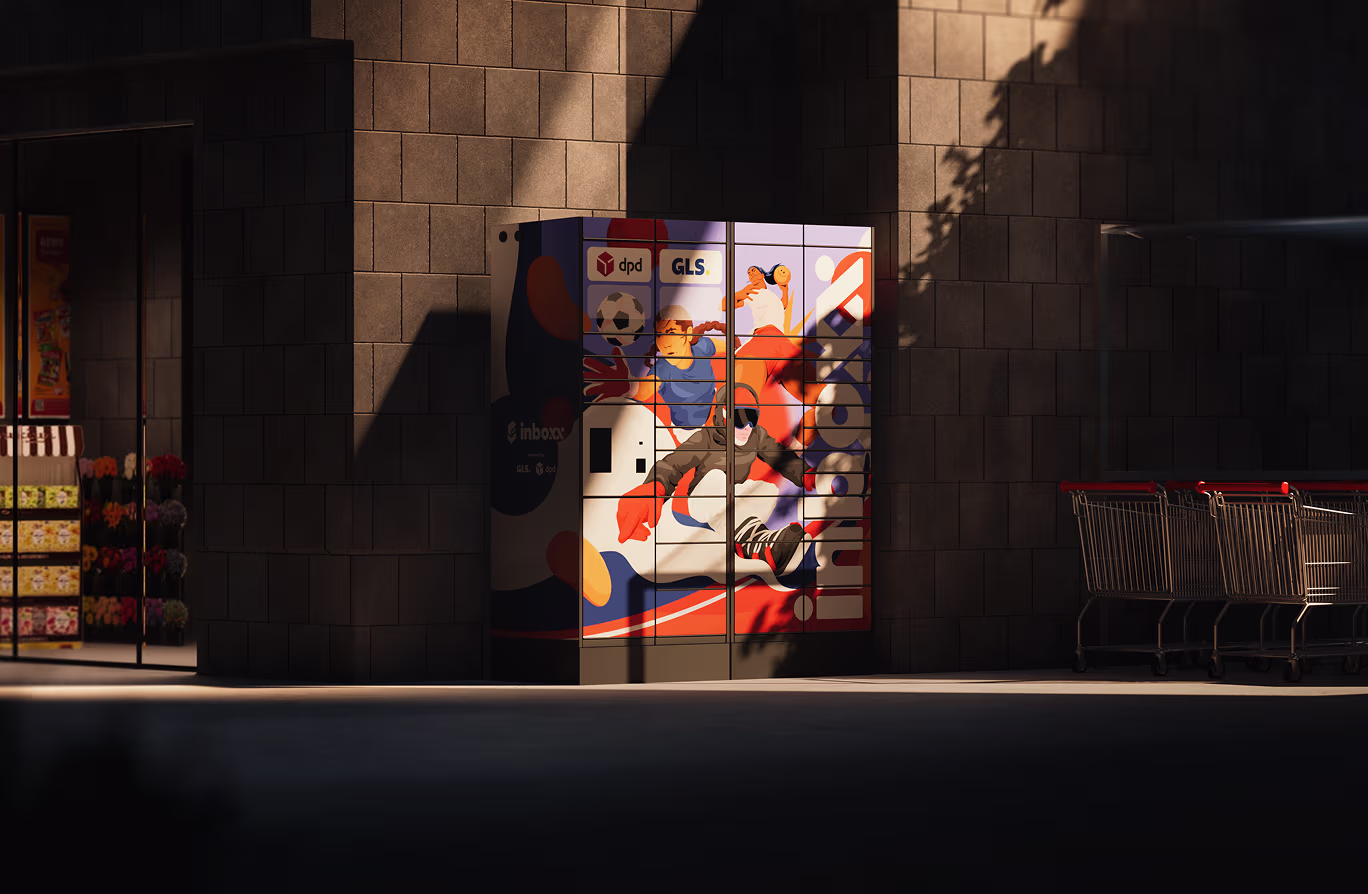 Ein bunter Paketabholschrank mit Illustrationen von Sportlern, der an einer Gebäudeaußenwand steht, neben Einkaufswagen.