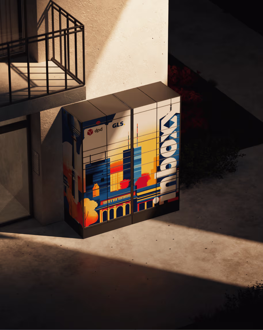 Bemalte inboxx Packstation mit Stadtbildern und Logos von dpd und GLS an einer Gebäudewand im Schatten.