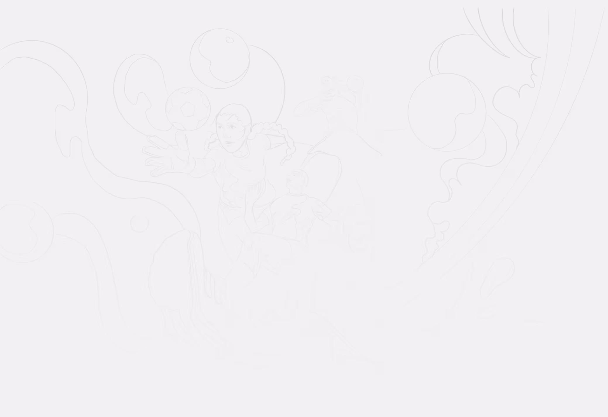 Skizzenhafte Zeichnung von Kindern, die versuchen, einen Fußball zu fangen oder zu spielen, umgeben von abstrakten geschwungenen Linien.