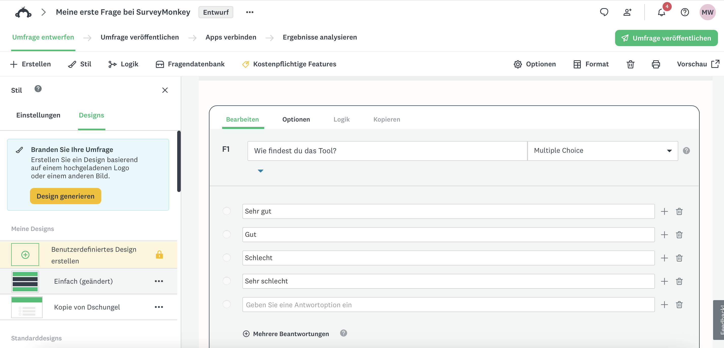 Screenshot vom Umfrage-Tool SurveyMonkey