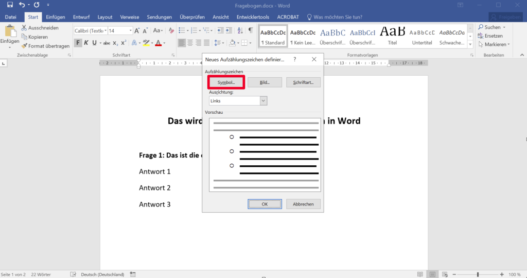 Fragebogen mit Word erstellen - Schritt 3: Aufzählungszeichen definieren