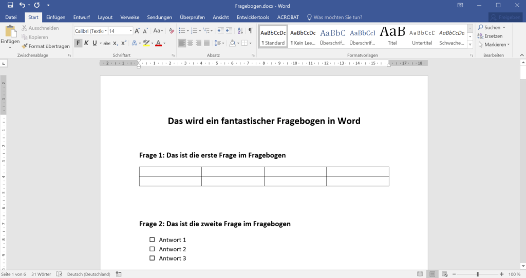 Word-Fragebogen: Schritt 1 Tabelle einfügen