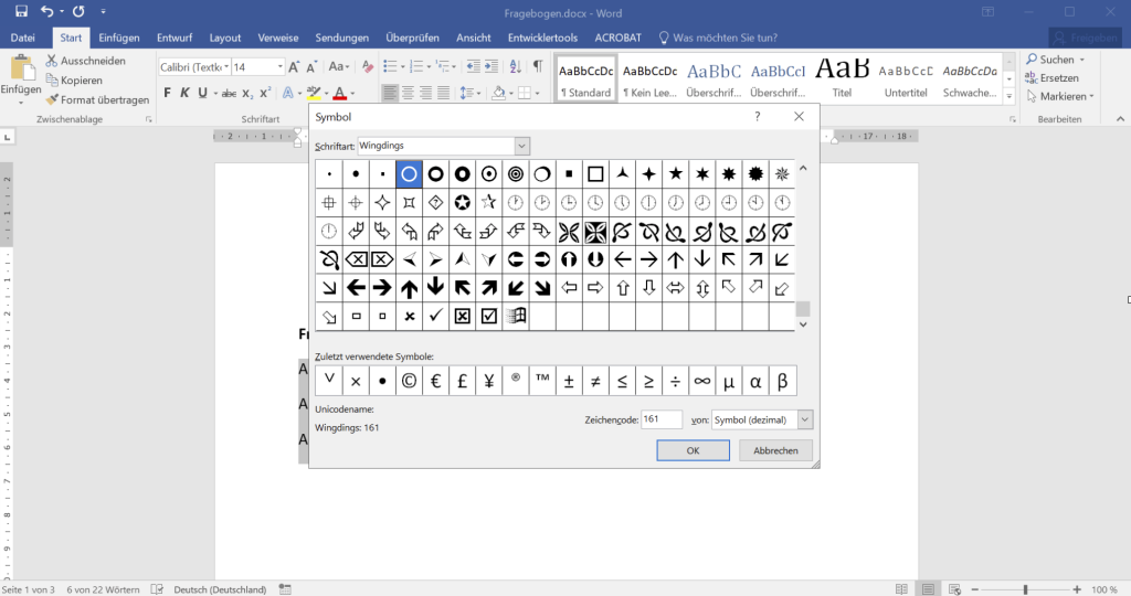 Fragebogen mit Word erstellen - Schritt 4: Symbol wählen
