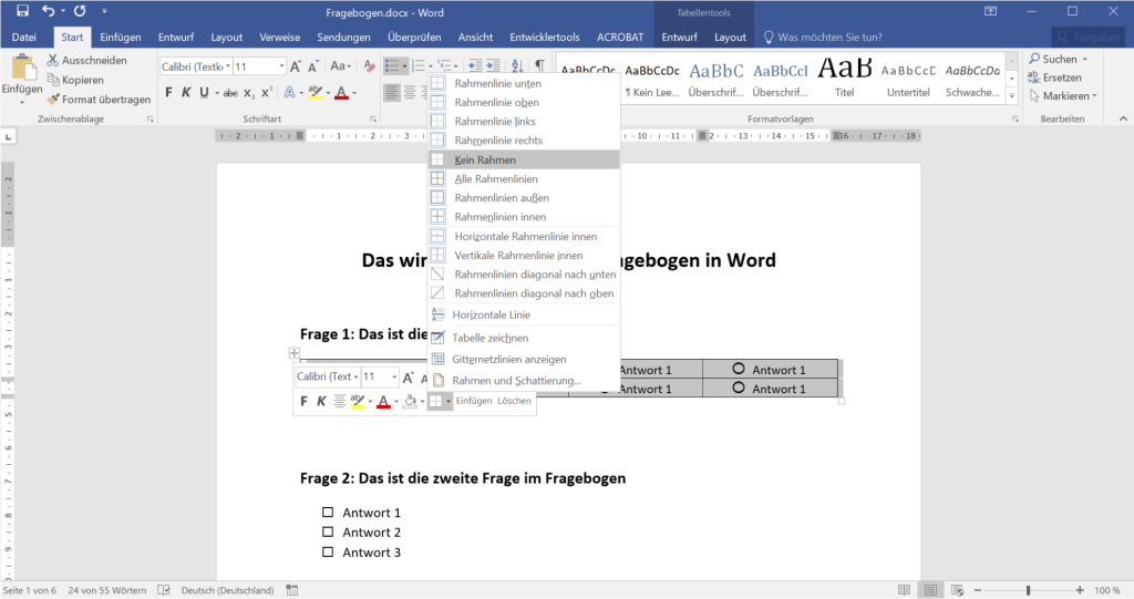 Word-Fragebogen: Schritt 3 Rahmen entfernen