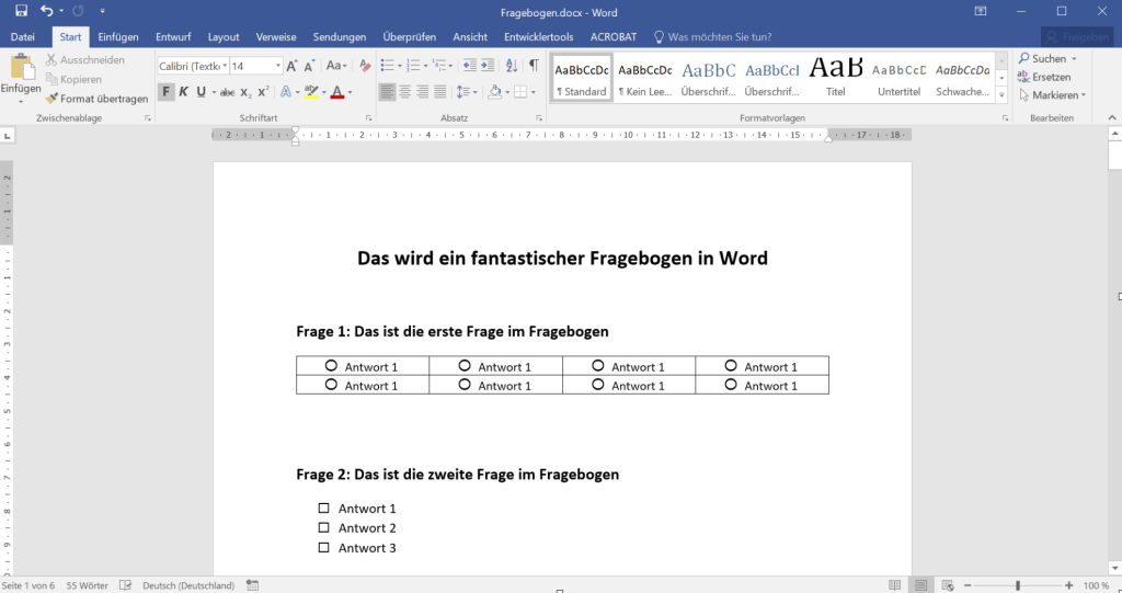 Word-Fragebogen: Schritt 2 Aufzählungszeichen