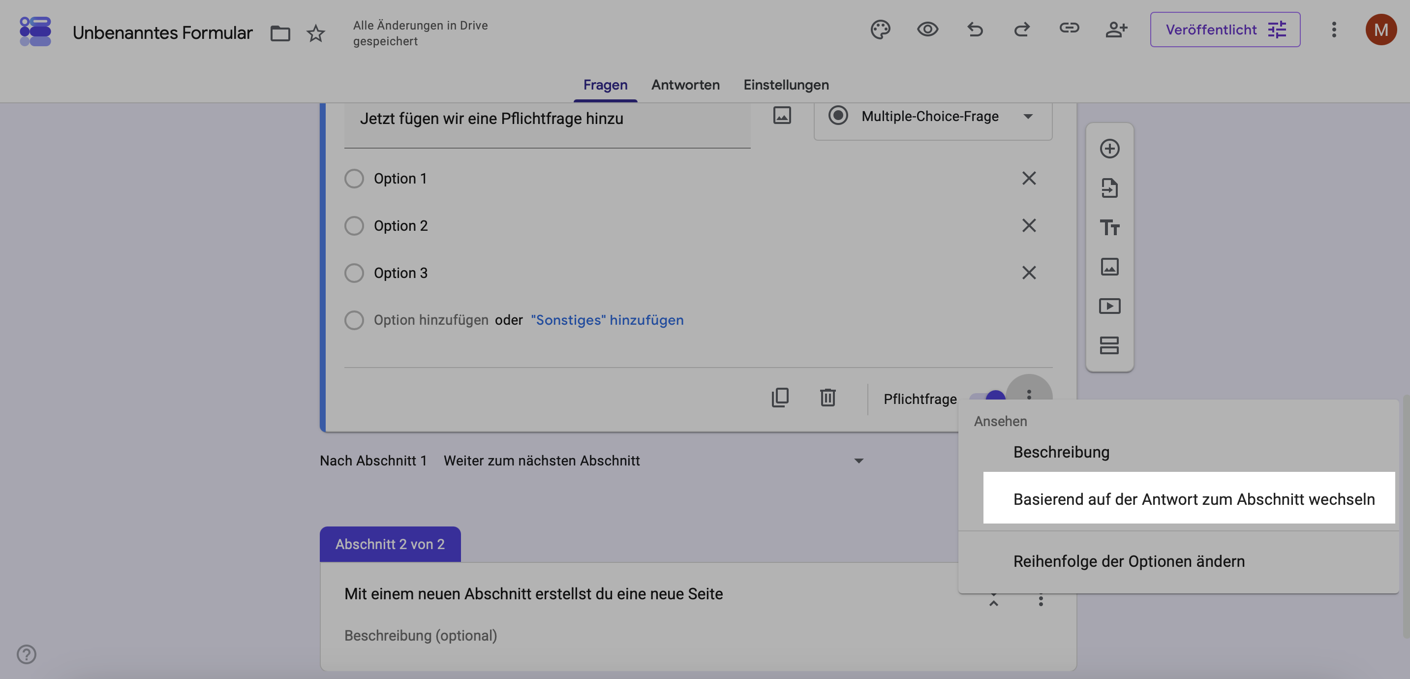 Schritt 5 Google Forms: So erstellst du Logiken "Basierend auf der Antwort zum Abschnitt wechseln"