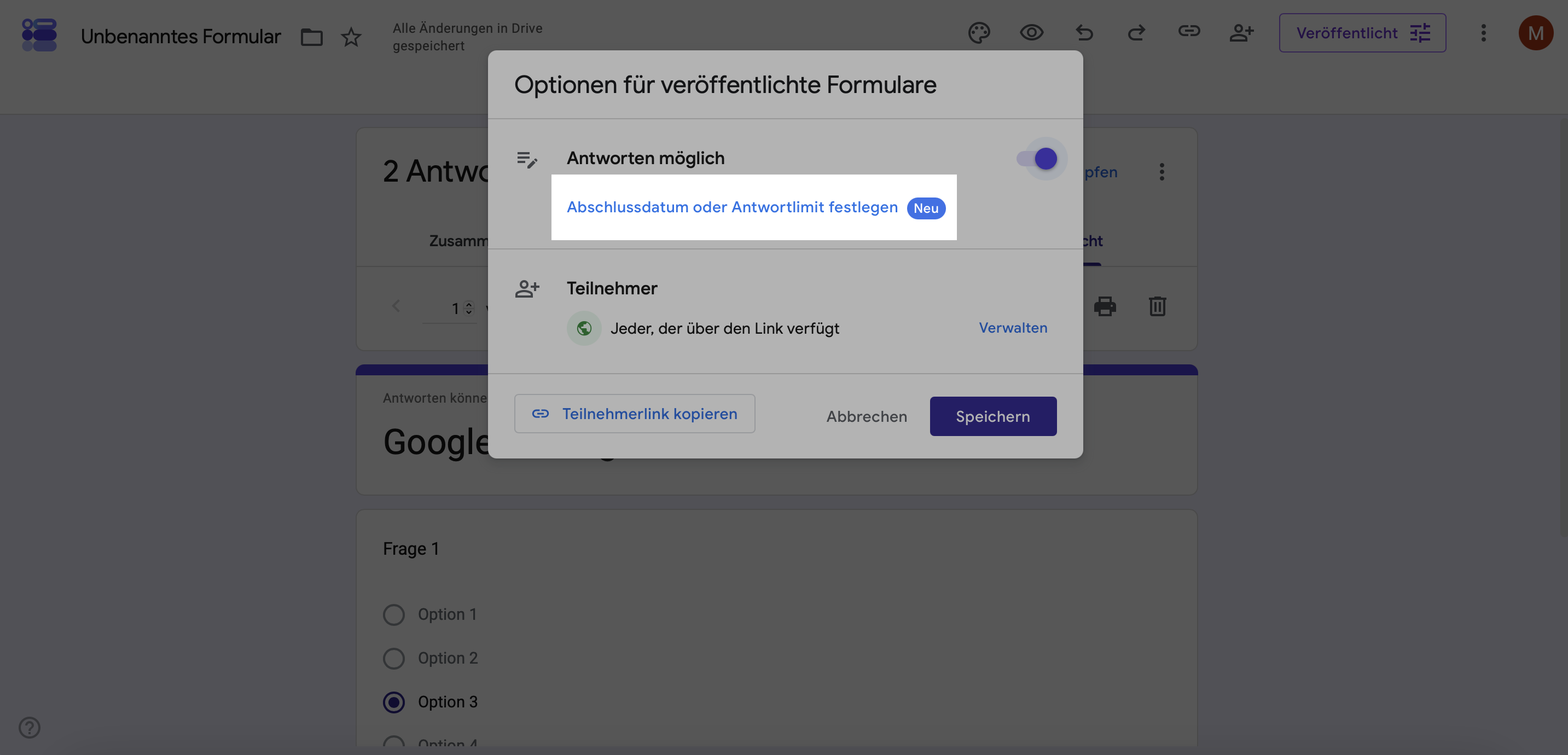 Ende der Umfrage bei Google Forms einstellen