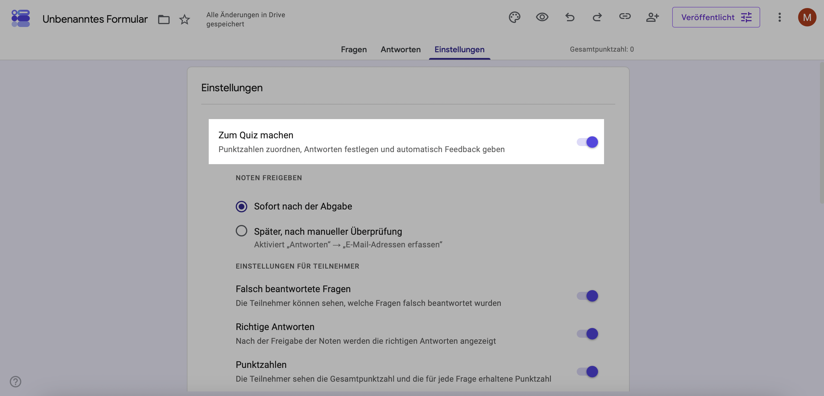 So aktivierst du ein Google Formular für den Quiz-Modus