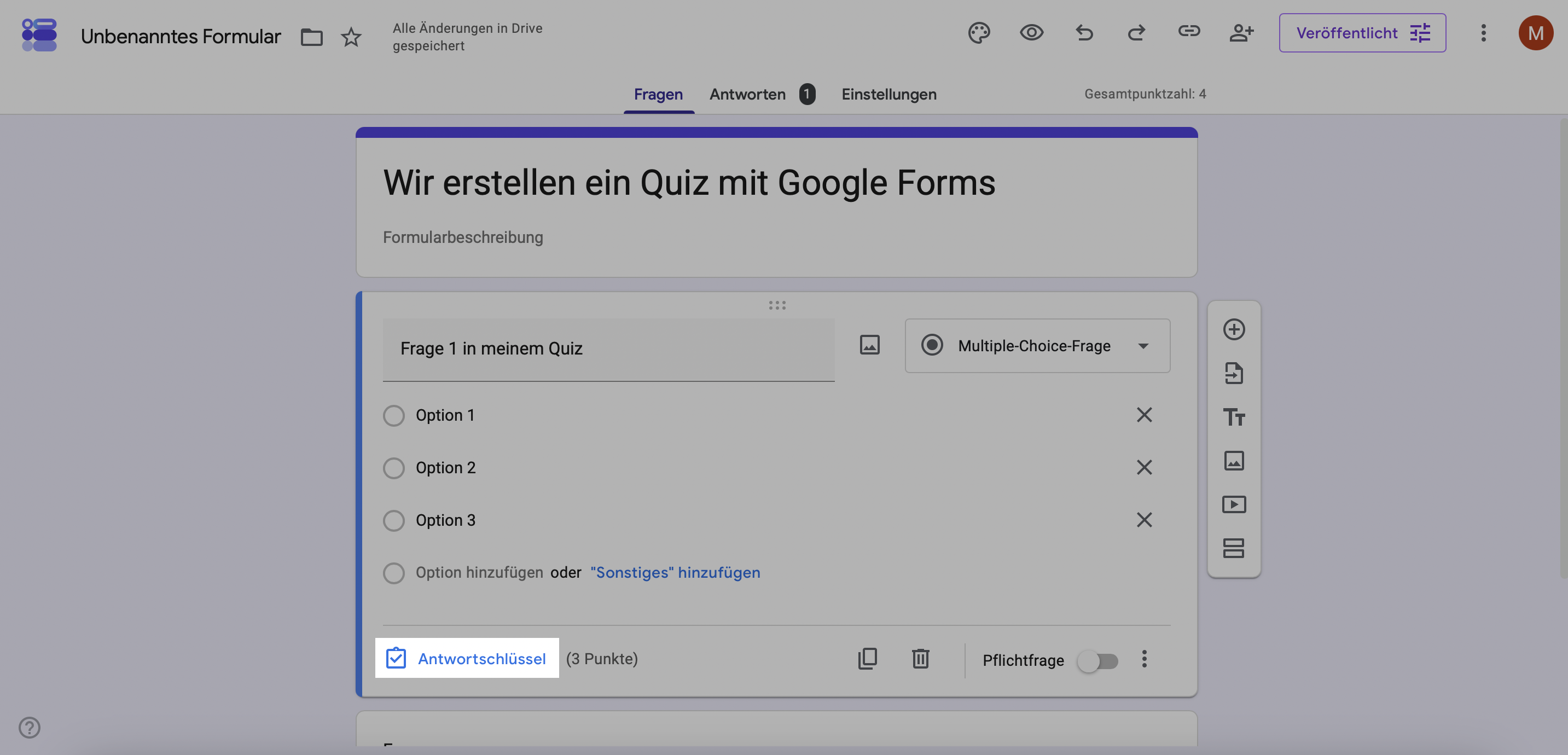 Über Antwortschlüssel definierst du Punkte und weitere Einstellungen für dein Google Quiz
