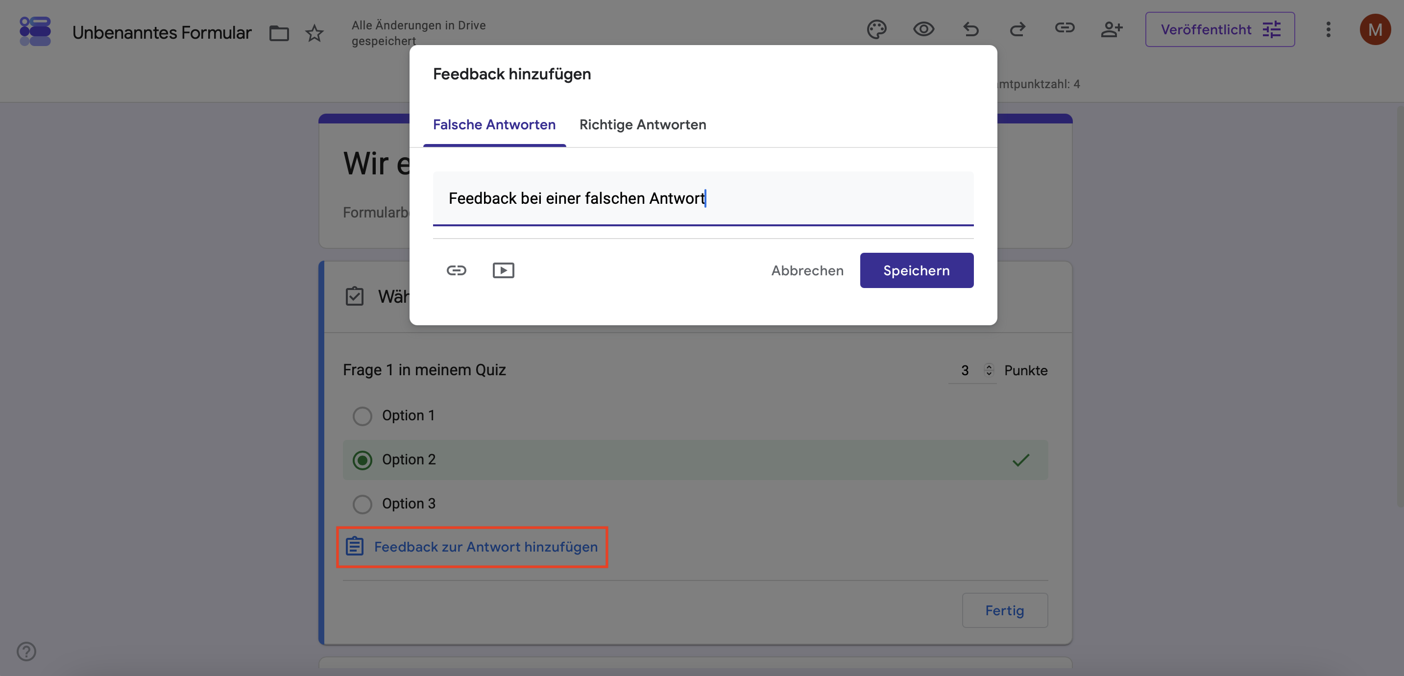 Feedback für falsche und richtige Antworten für Google Quiz definieren