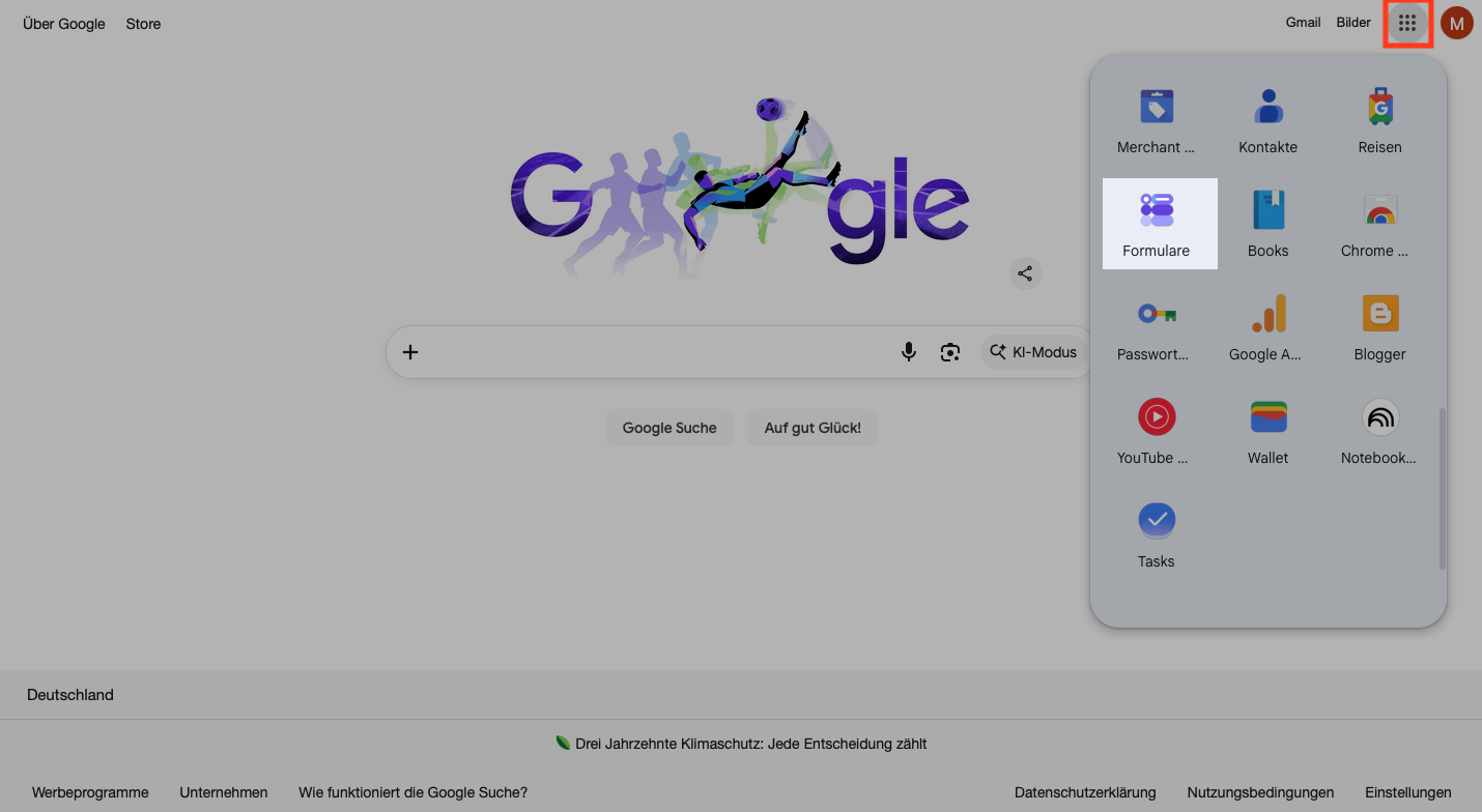 Google Forms über Favoriten öffnen