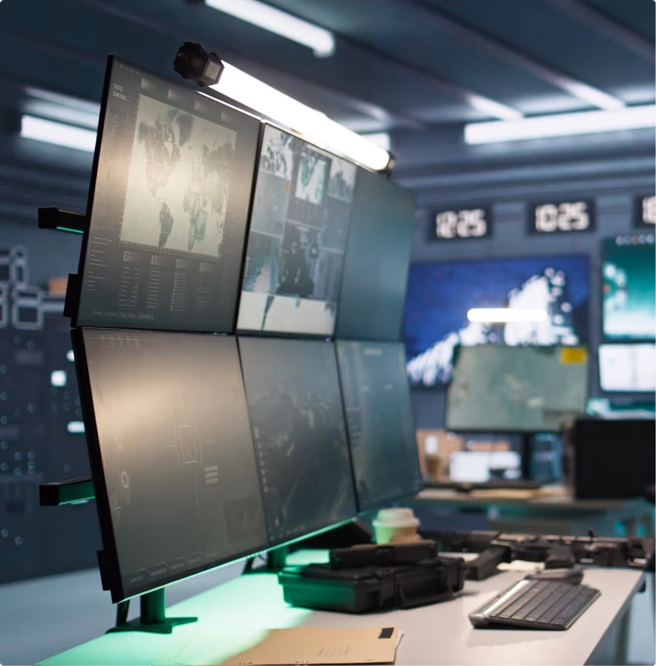 Six computer monitors mounted in two rows displaying maps and data in a control room with clocks and additional screens in the background.