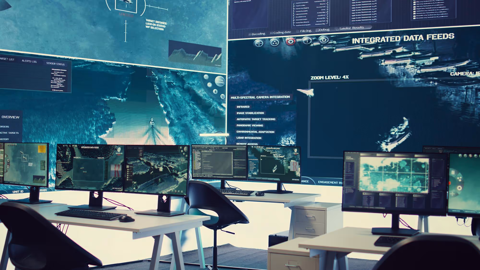 High-tech command center with multiple monitors displaying integrated data feeds, maps, and surveillance imagery.