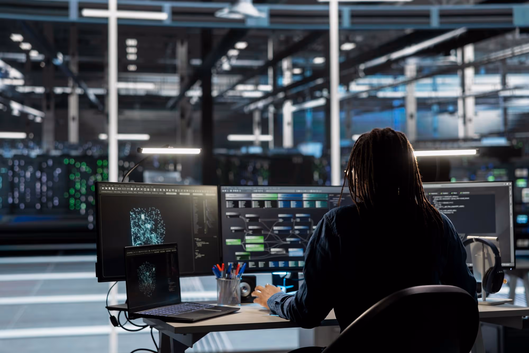 Person with dreadlocks working at a desk with multiple monitors displaying code and data visualizations in a modern tech workspace.