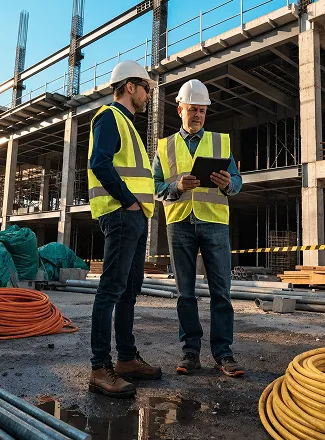 Two construction workers wearing white helmets and yellow safety vests standing on metal stairs, looking at a tablet device.