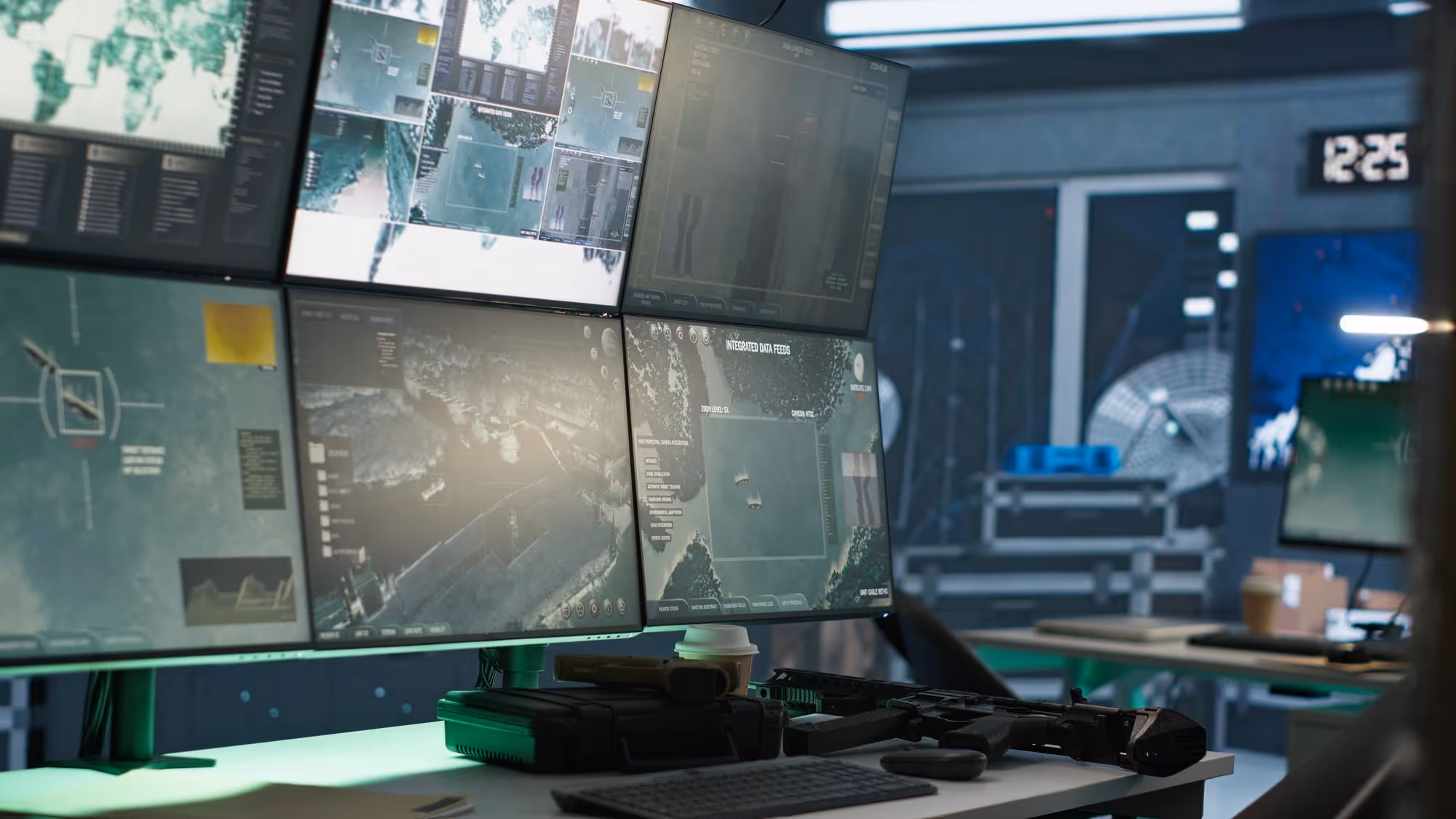 Multiple surveillance monitors displaying aerial maps and data feeds on a desk with a keyboard, assault rifle, and a coffee cup in a control room.