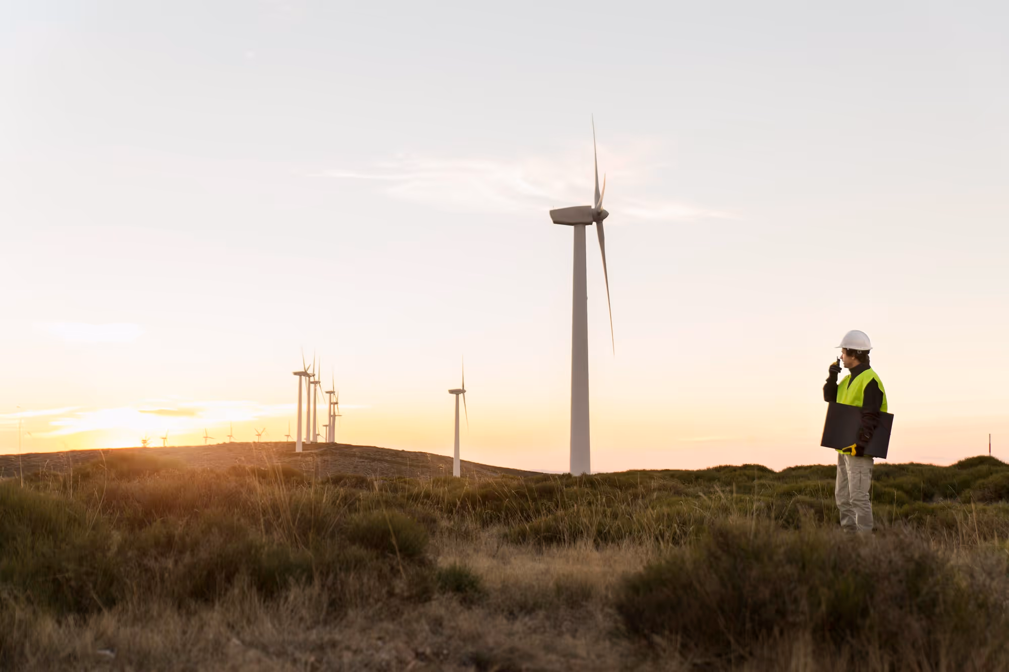 Engineer in safety gear standing in a field with wind turbines at sunset.