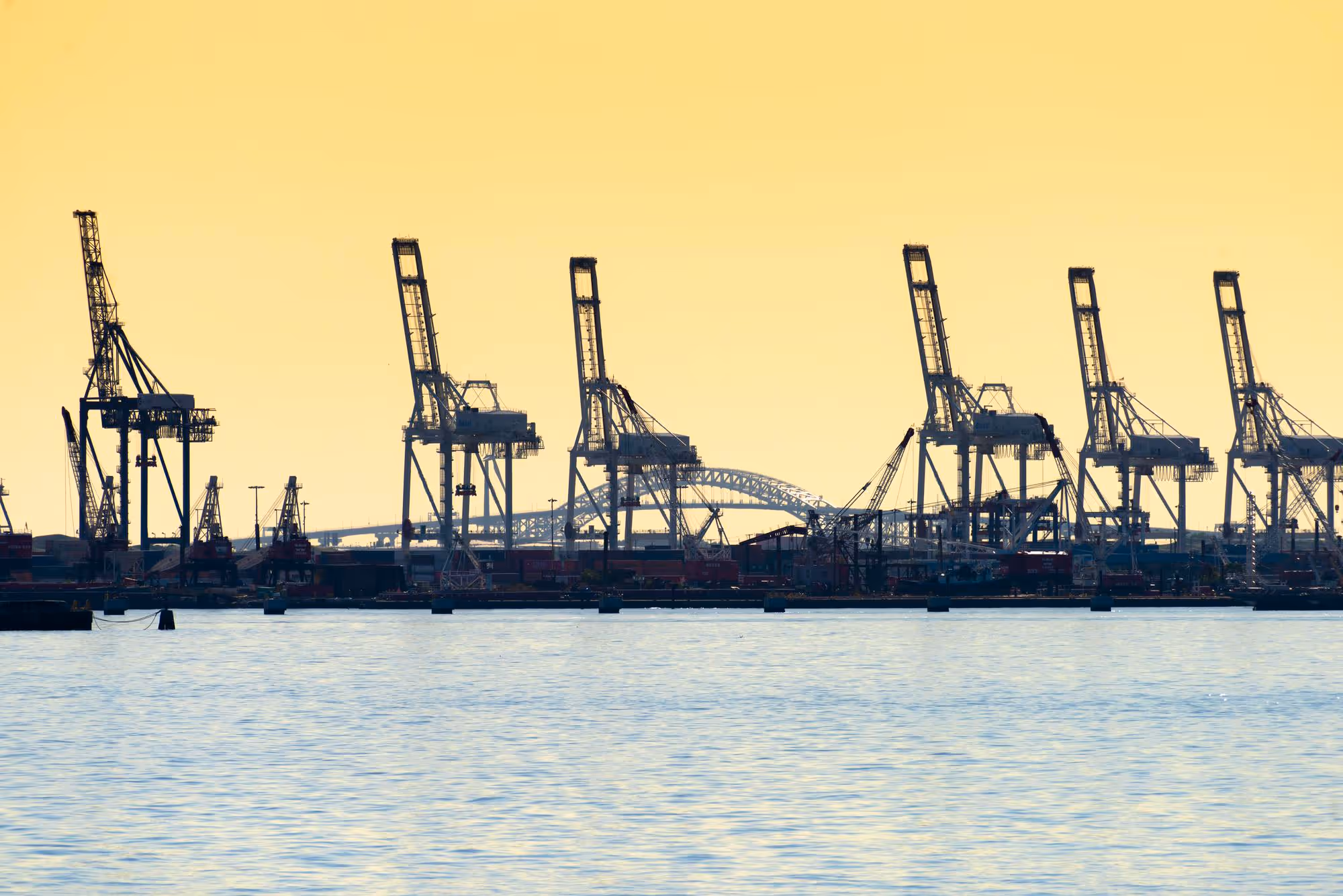 Industrial port with multiple large cranes silhouetted against a yellow sky over calm water.