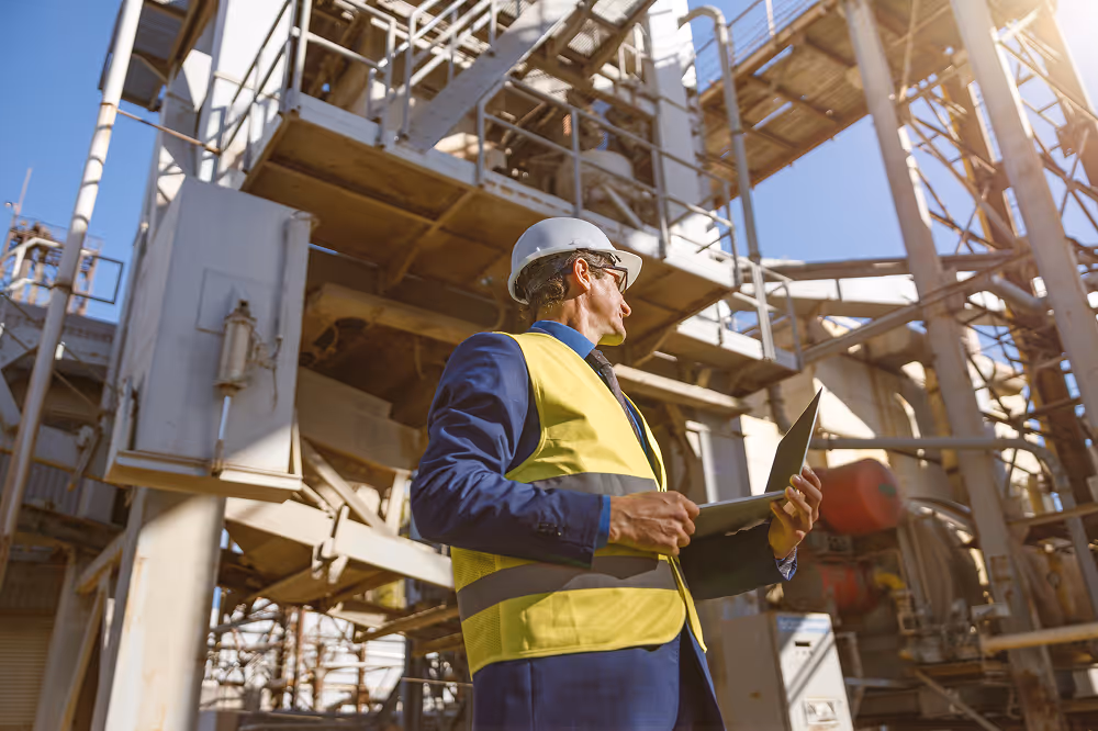 Engineer in safety vest and helmet using laptop at an industrial plant with metal structures.