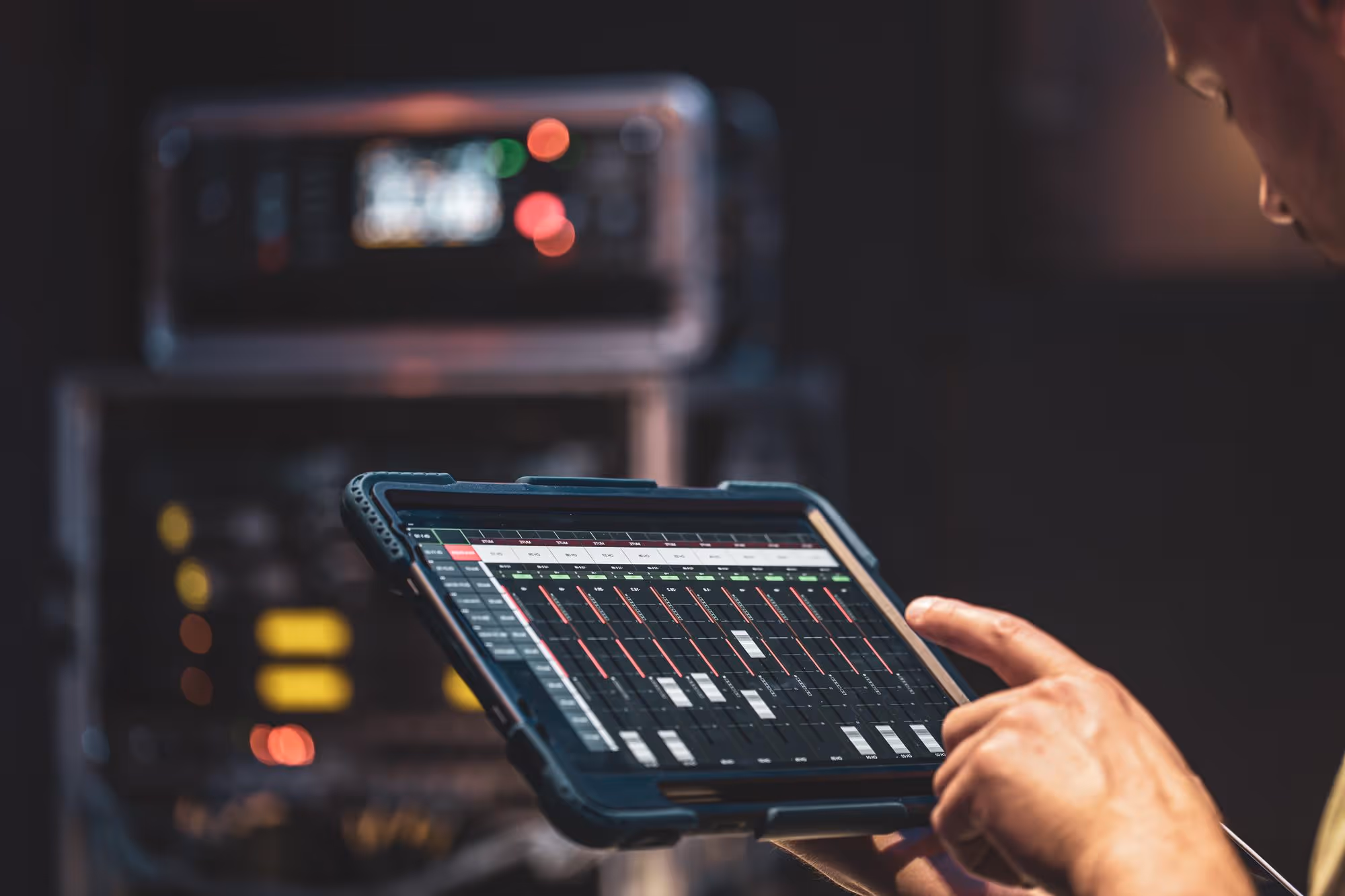 Person adjusting audio mixer settings on a tablet with professional sound equipment in the background.