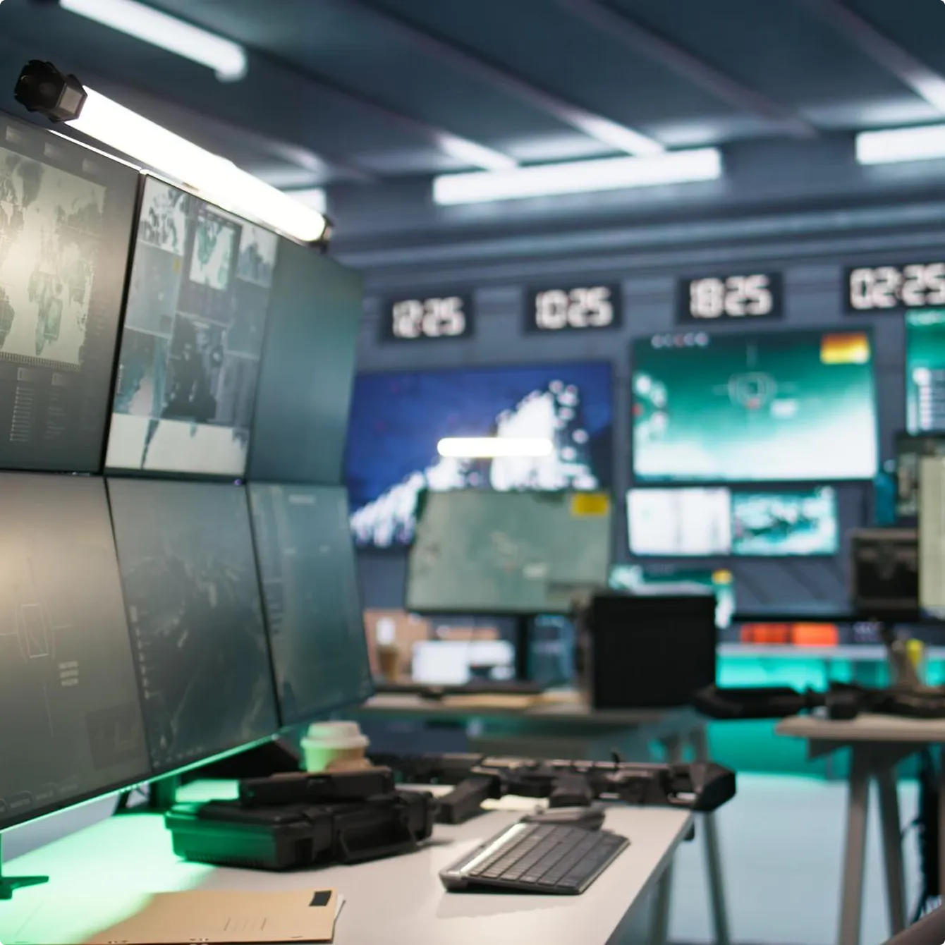 Row of computer monitors, keyboards, and electronic equipment in a modern control room with multiple screens and digital clocks on the wall.