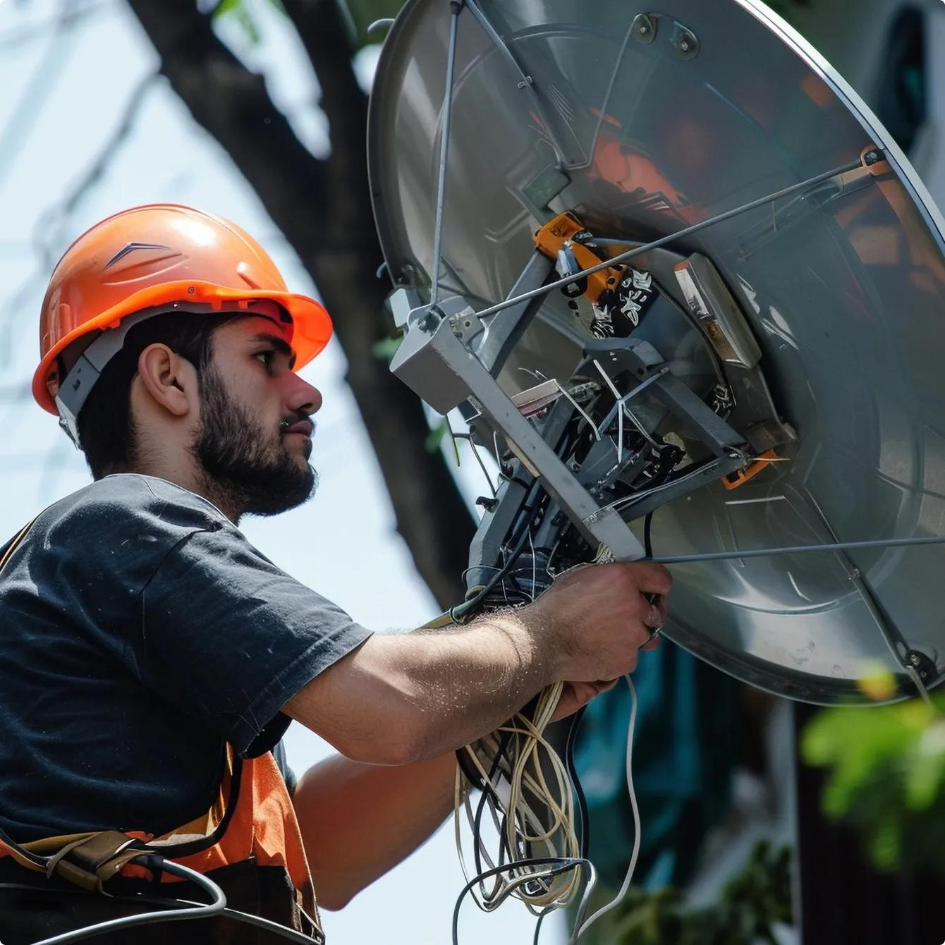 Technician wearing an orange safety helmet installing or repairing a satellite dish with multiple cables connected.