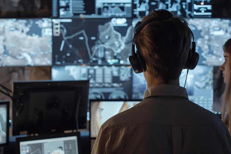 Back view of a man wearing headphones looking at multiple digital screens showing maps and data in a control room.